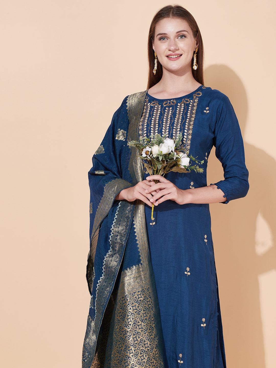 Ethnic Hand Embroidered Kurta with Pants & Dupatta - Aegean Blue - Indiakreations