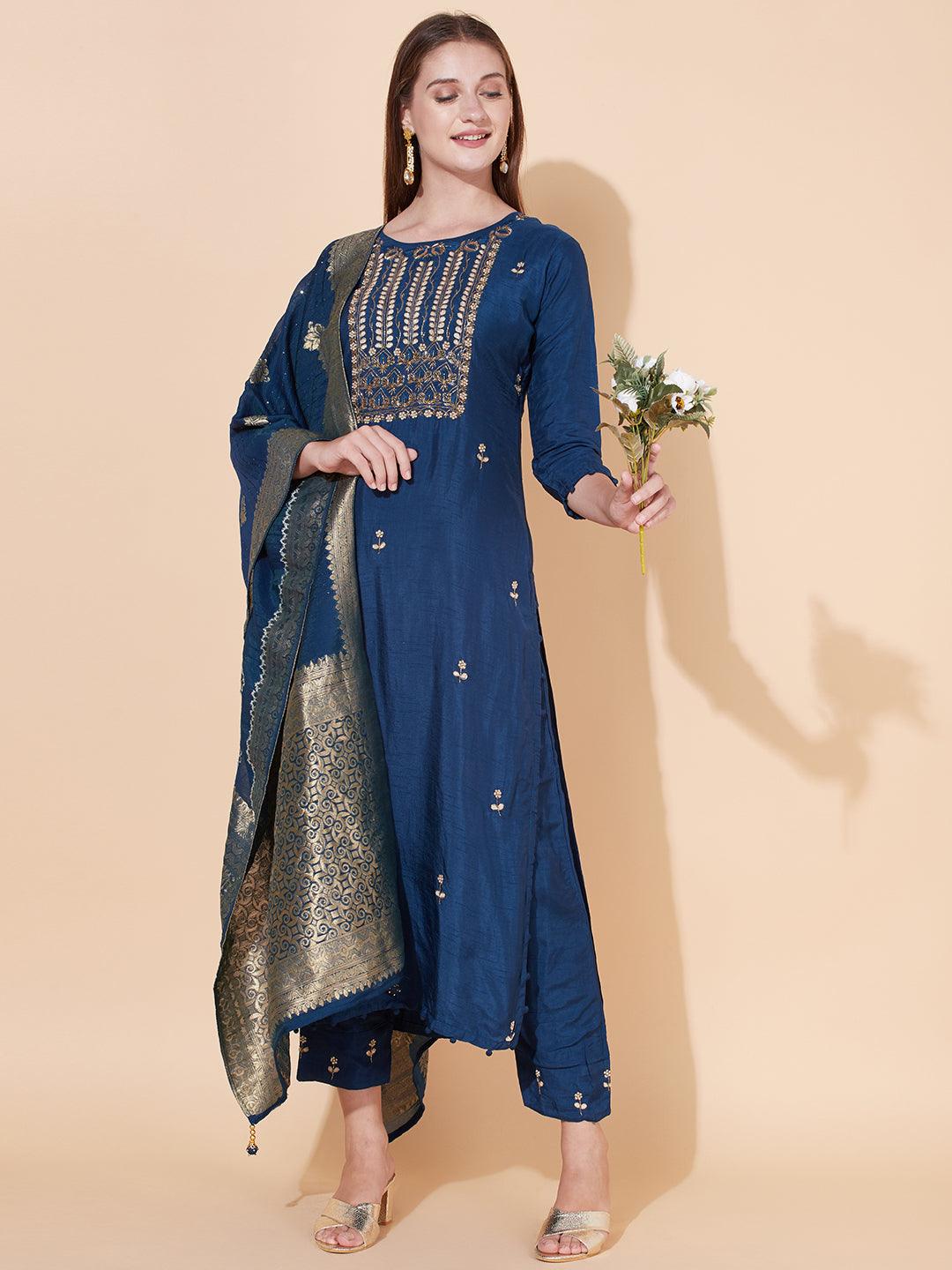 Ethnic Hand Embroidered Kurta with Pants & Dupatta - Aegean Blue - Indiakreations