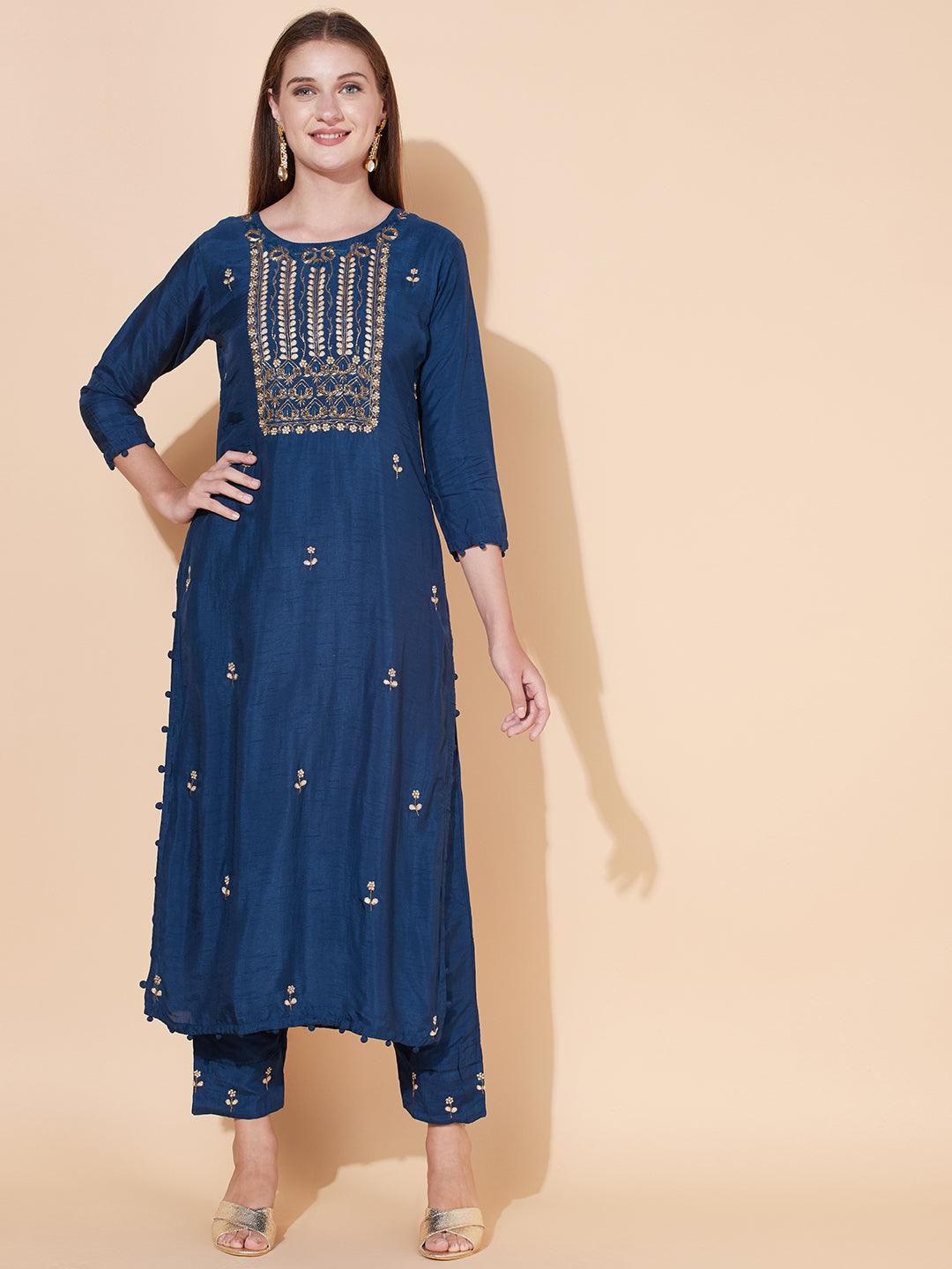 Ethnic Hand Embroidered Kurta with Pants & Dupatta - Aegean Blue - Indiakreations