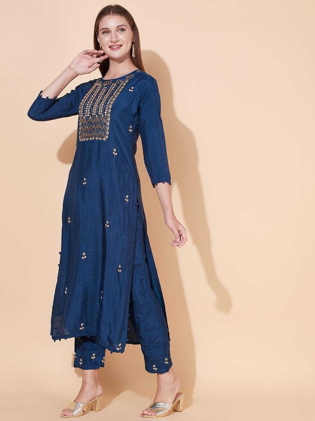 Ethnic Hand Embroidered Kurta with Pants & Dupatta - Aegean Blue - Indiakreations