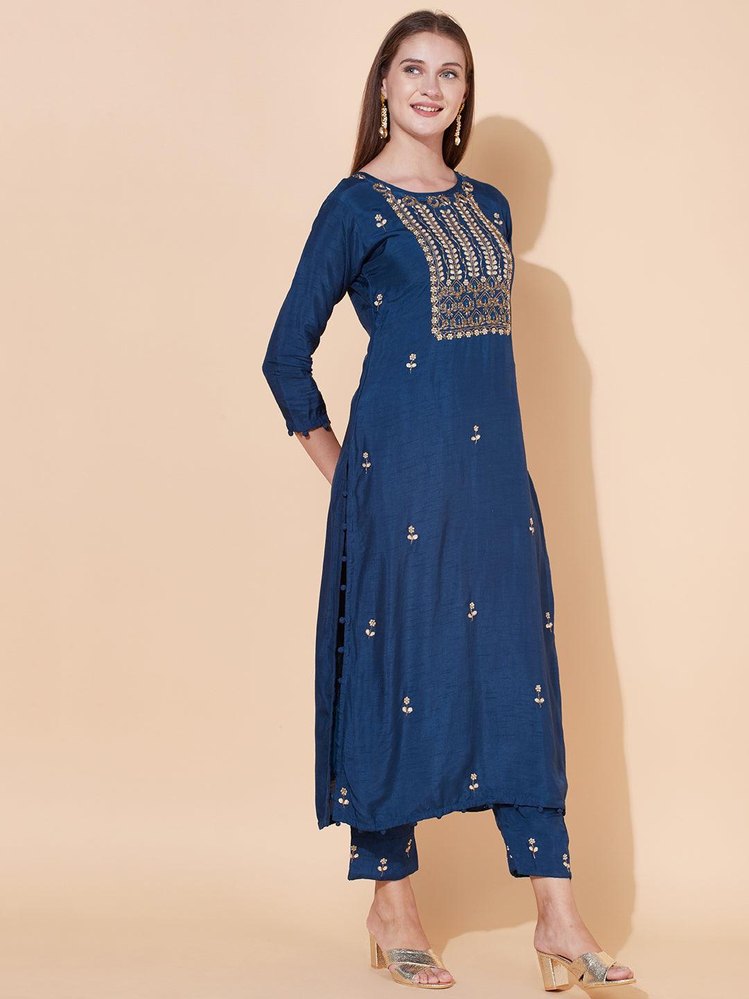 Ethnic Hand Embroidered Kurta with Pants & Dupatta - Aegean Blue - Indiakreations