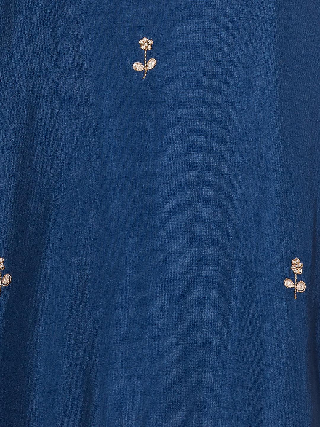 Ethnic Hand Embroidered Kurta with Pants & Dupatta - Aegean Blue - Indiakreations