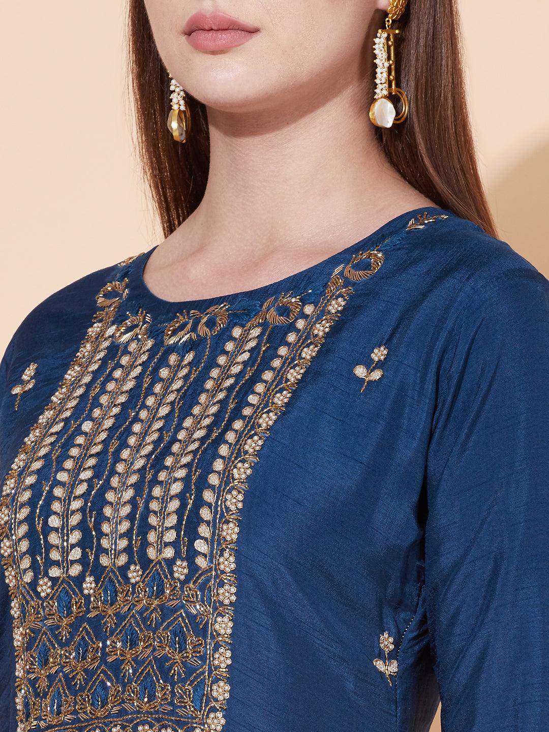 Ethnic Hand Embroidered Kurta with Pants & Dupatta - Aegean Blue - Indiakreations