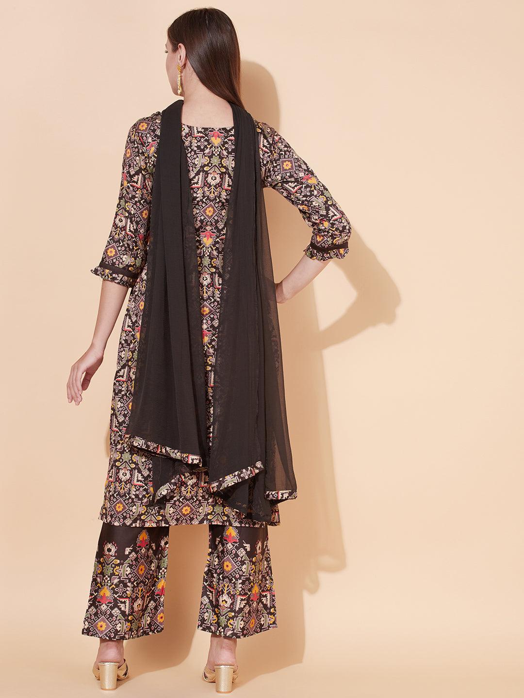 Tribal Printed & Hand Embroidered Kurta with Palazzo & Dupatta - Dark Brown - Indiakreations