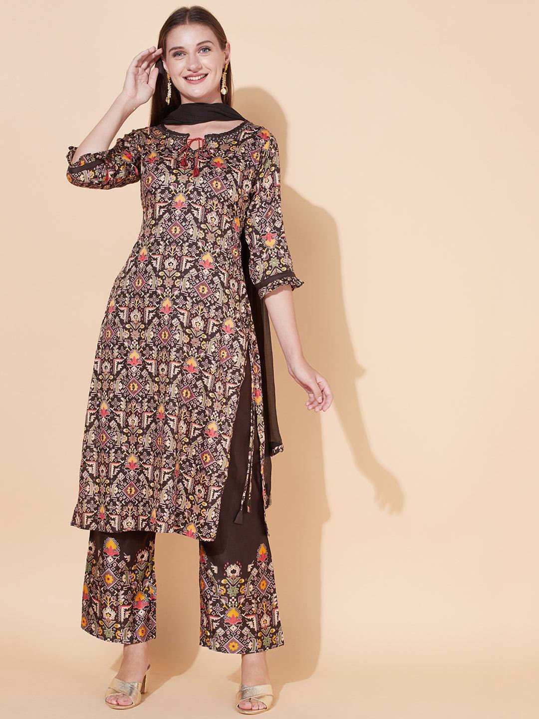 Tribal Printed & Hand Embroidered Kurta with Palazzo & Dupatta - Dark Brown - Indiakreations