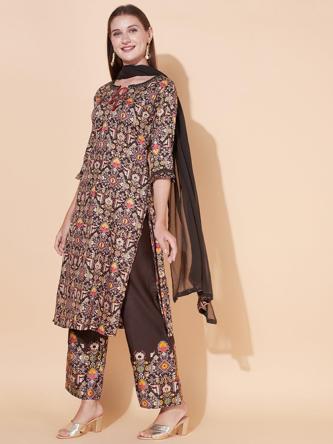 Tribal Printed & Hand Embroidered Kurta with Palazzo & Dupatta - Dark Brown - Indiakreations