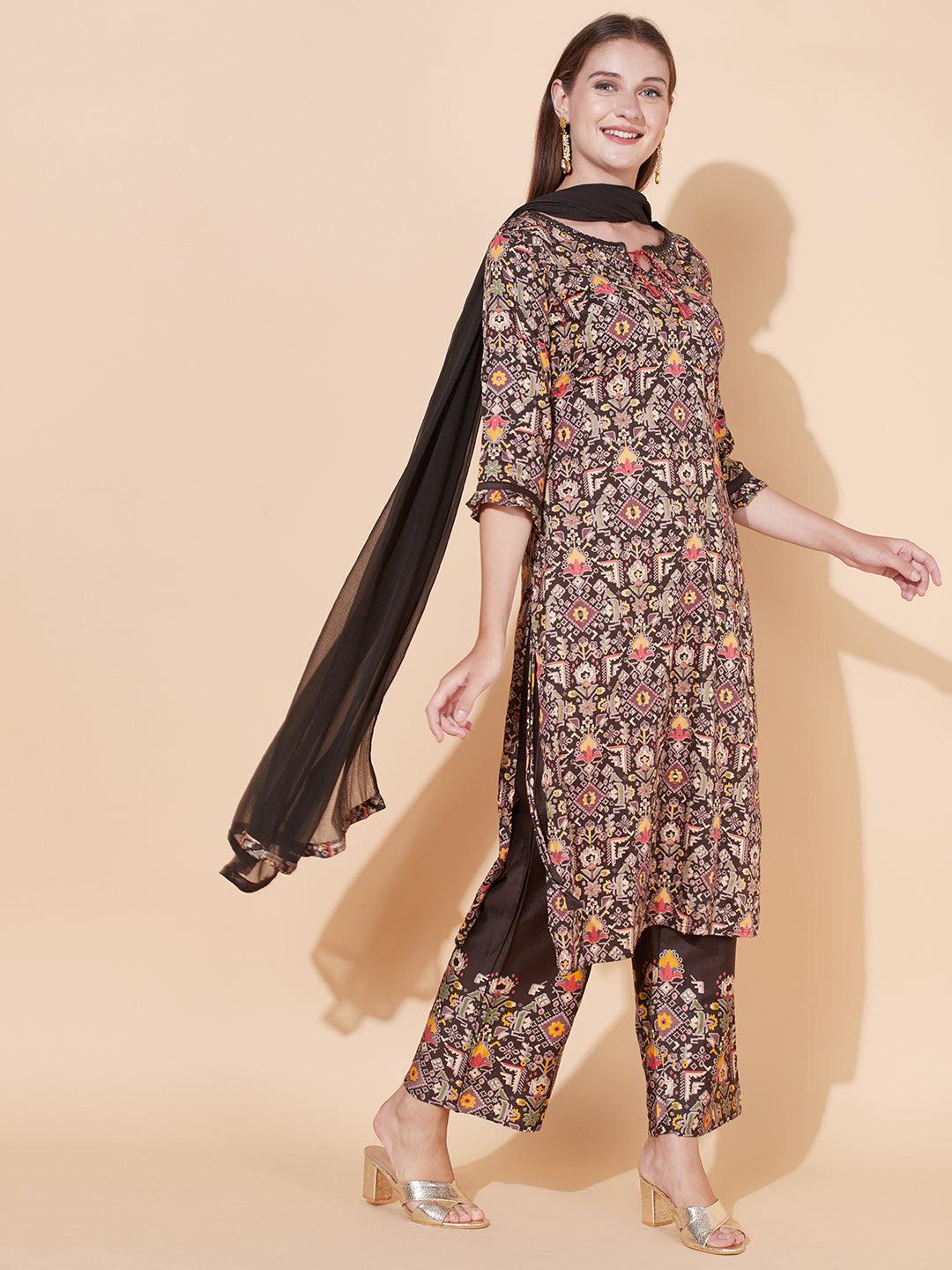 Tribal Printed & Hand Embroidered Kurta with Palazzo & Dupatta - Dark Brown - Indiakreations