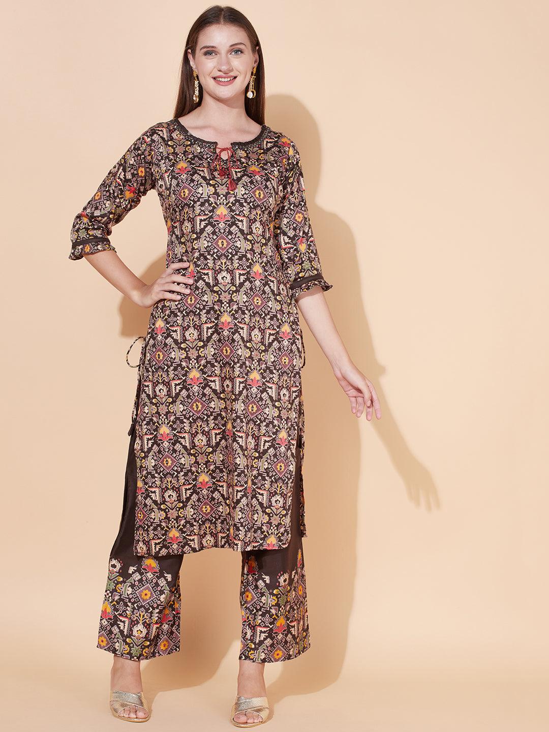 Tribal Printed & Hand Embroidered Kurta with Palazzo & Dupatta - Dark Brown - Indiakreations