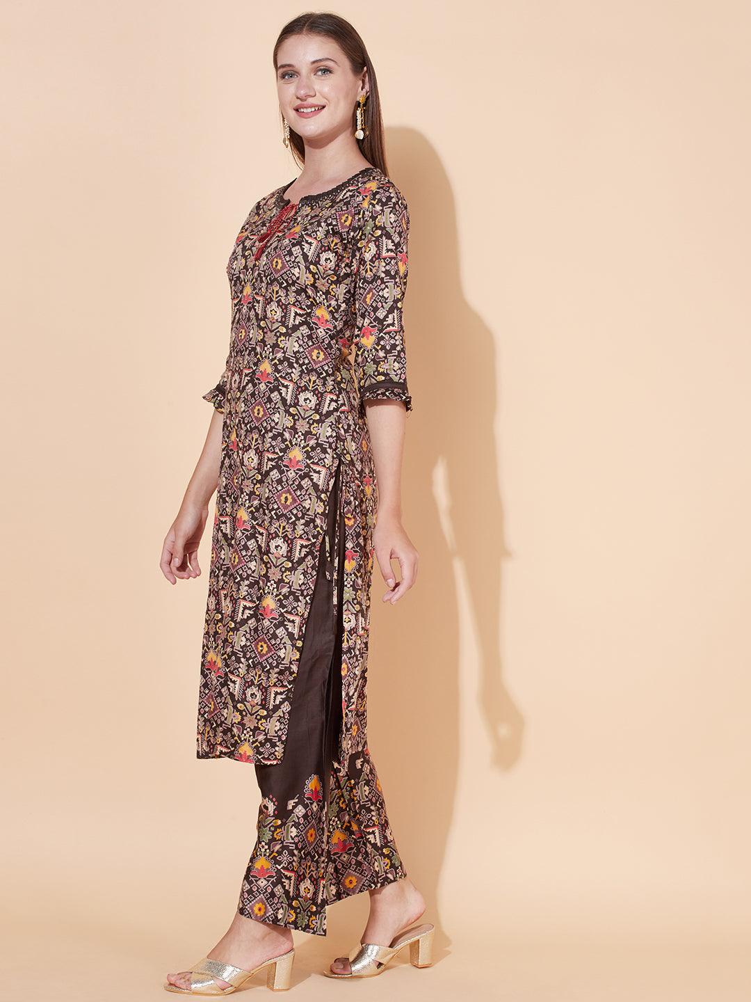 Tribal Printed & Hand Embroidered Kurta with Palazzo & Dupatta - Dark Brown - Indiakreations