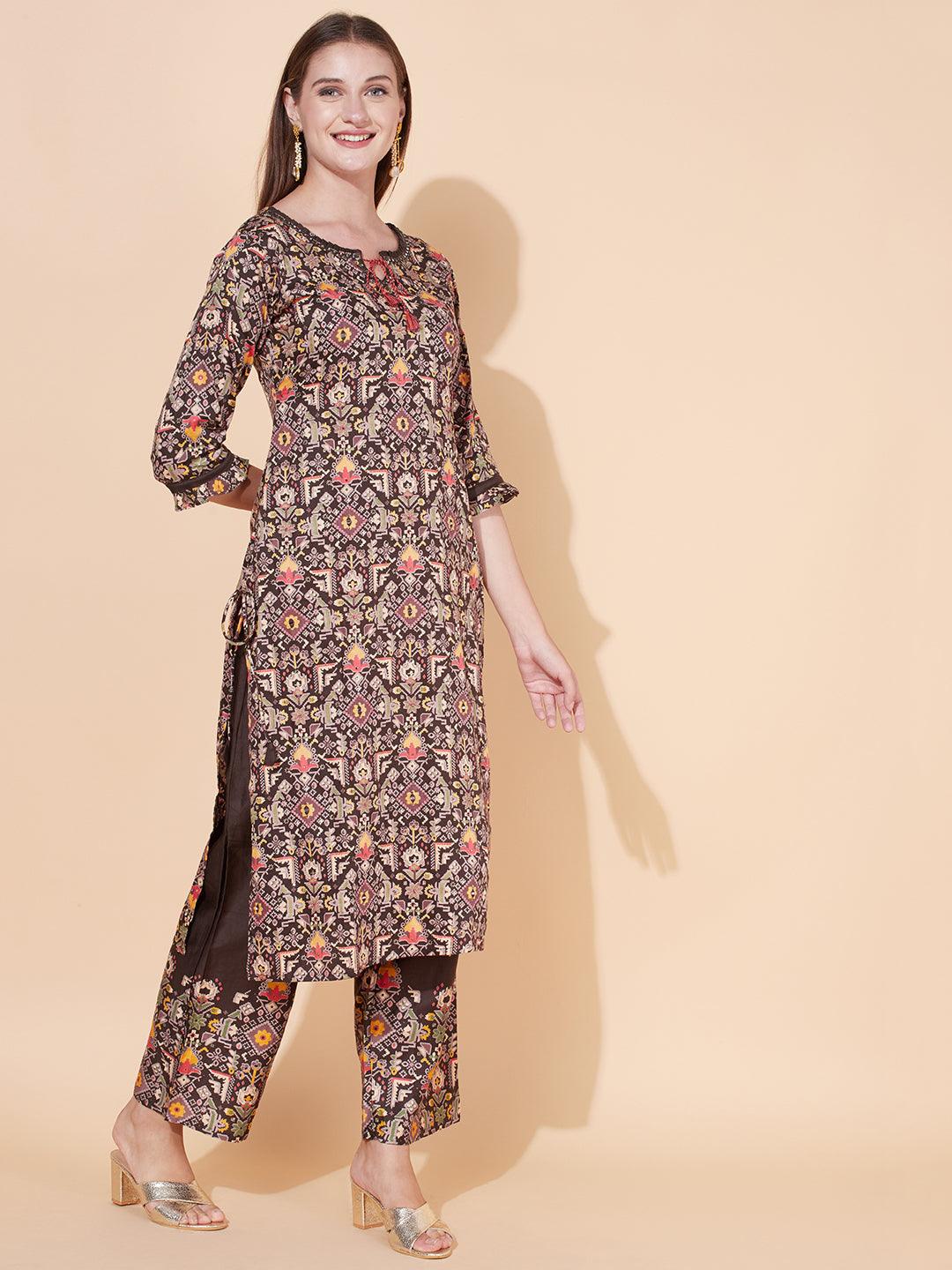 Tribal Printed & Hand Embroidered Kurta with Palazzo & Dupatta - Dark Brown - Indiakreations