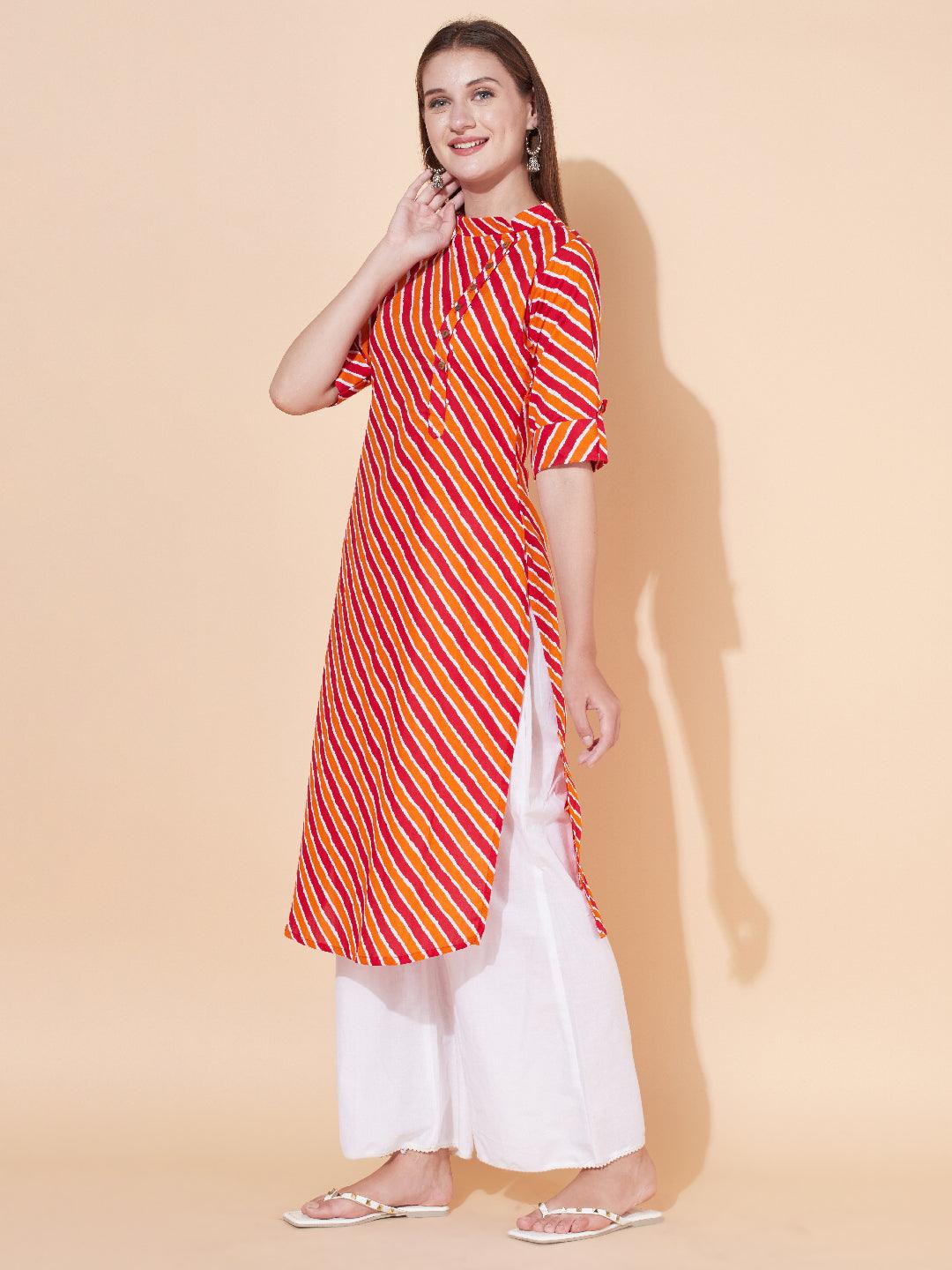 Ethnic Stripes Printed Straight Fit Kurta - Multi - Indiakreations