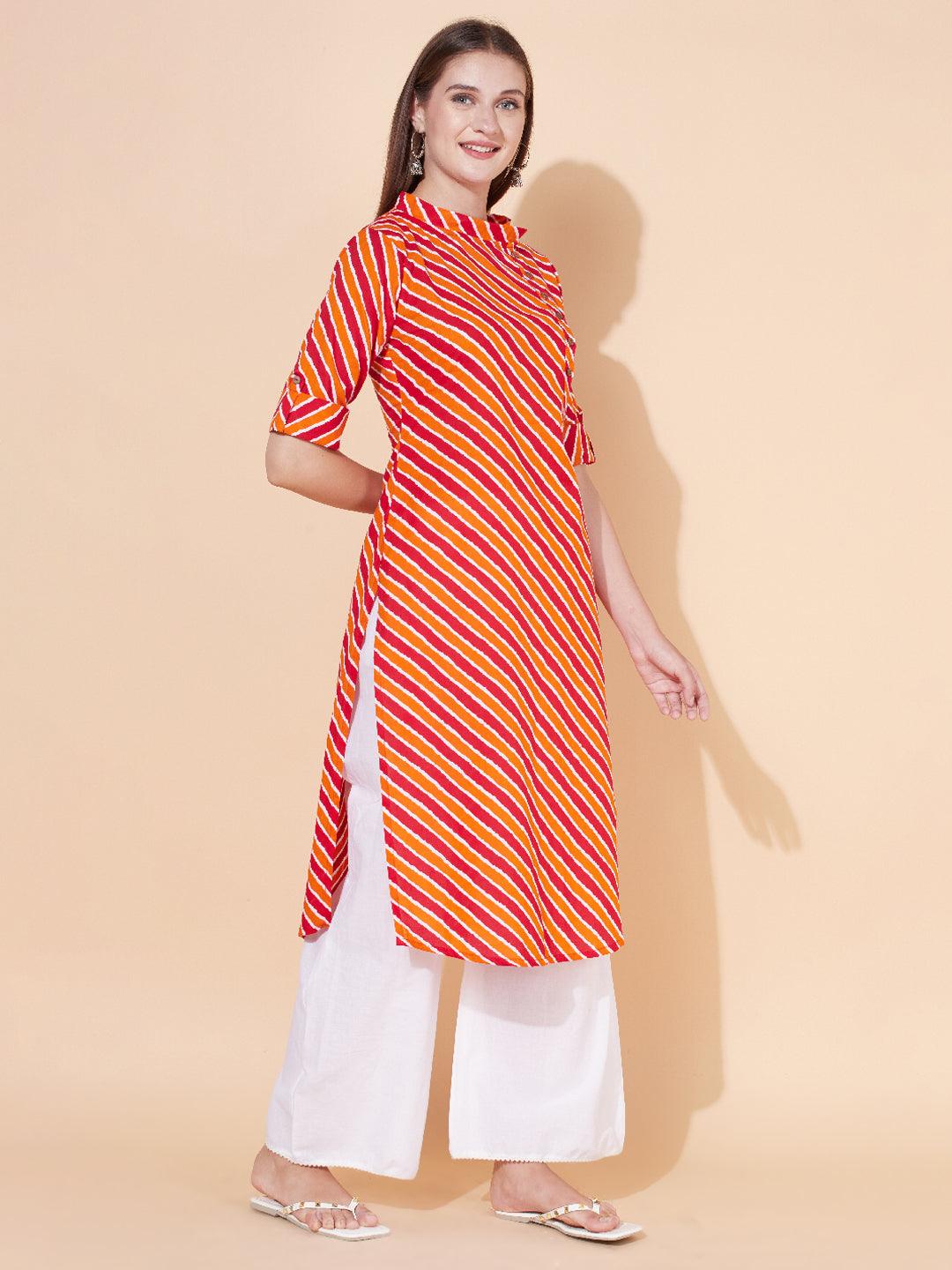 Ethnic Stripes Printed Straight Fit Kurta - Multi - Indiakreations