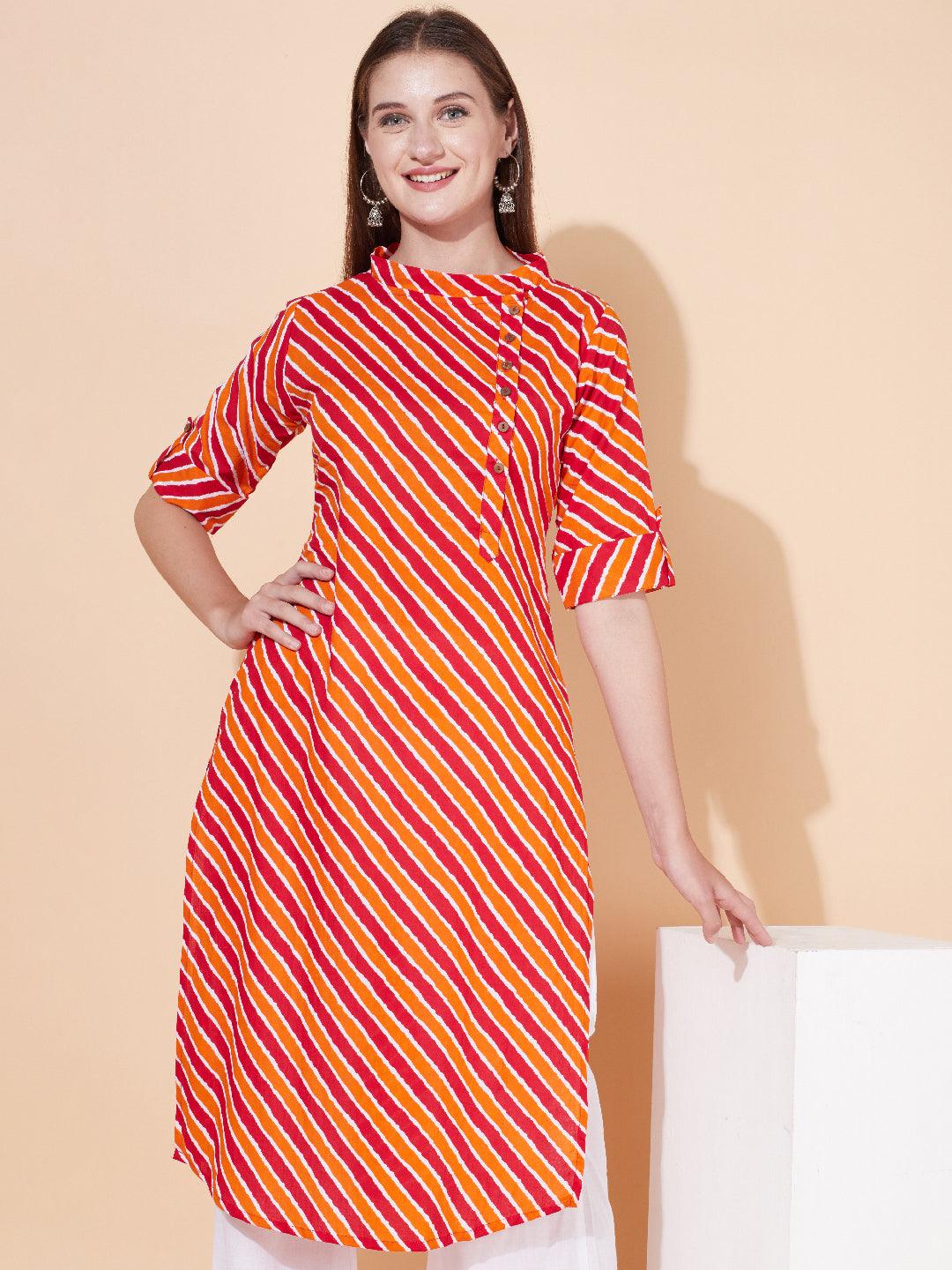 Ethnic Stripes Printed Straight Fit Kurta - Multi - Indiakreations