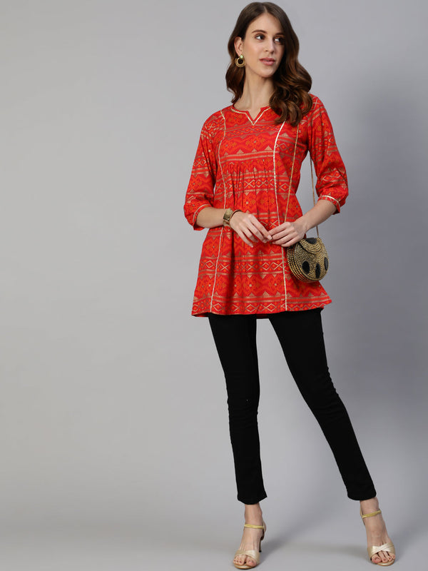 Anubhutee Red  Gold Geometric Printed Pleated Kurti