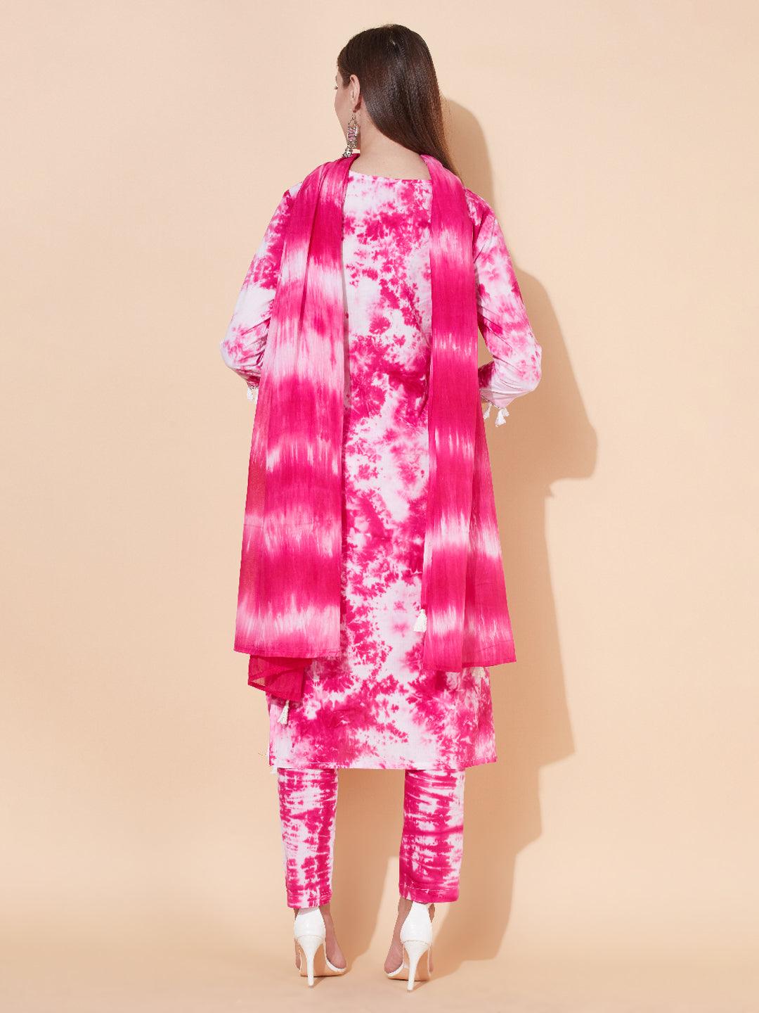 Tie-Dyed & Embroidered Kurta with Pants & Dupatta - Pink - Indiakreations