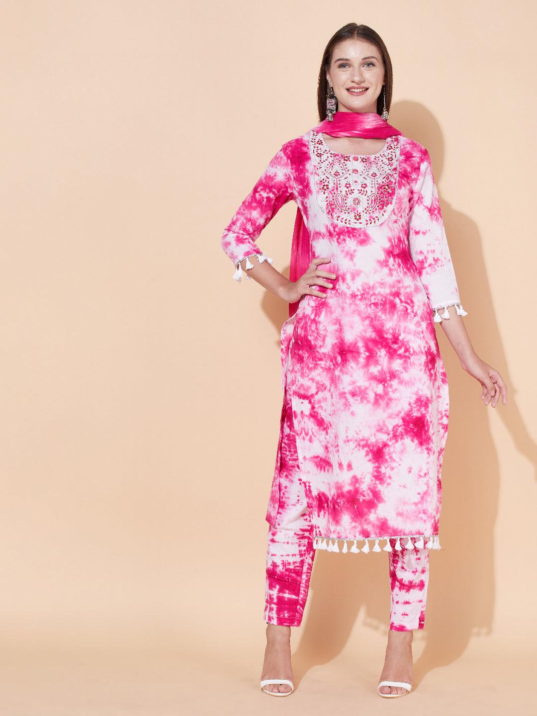 Tie-Dyed & Embroidered Kurta with Pants & Dupatta - Pink - Indiakreations