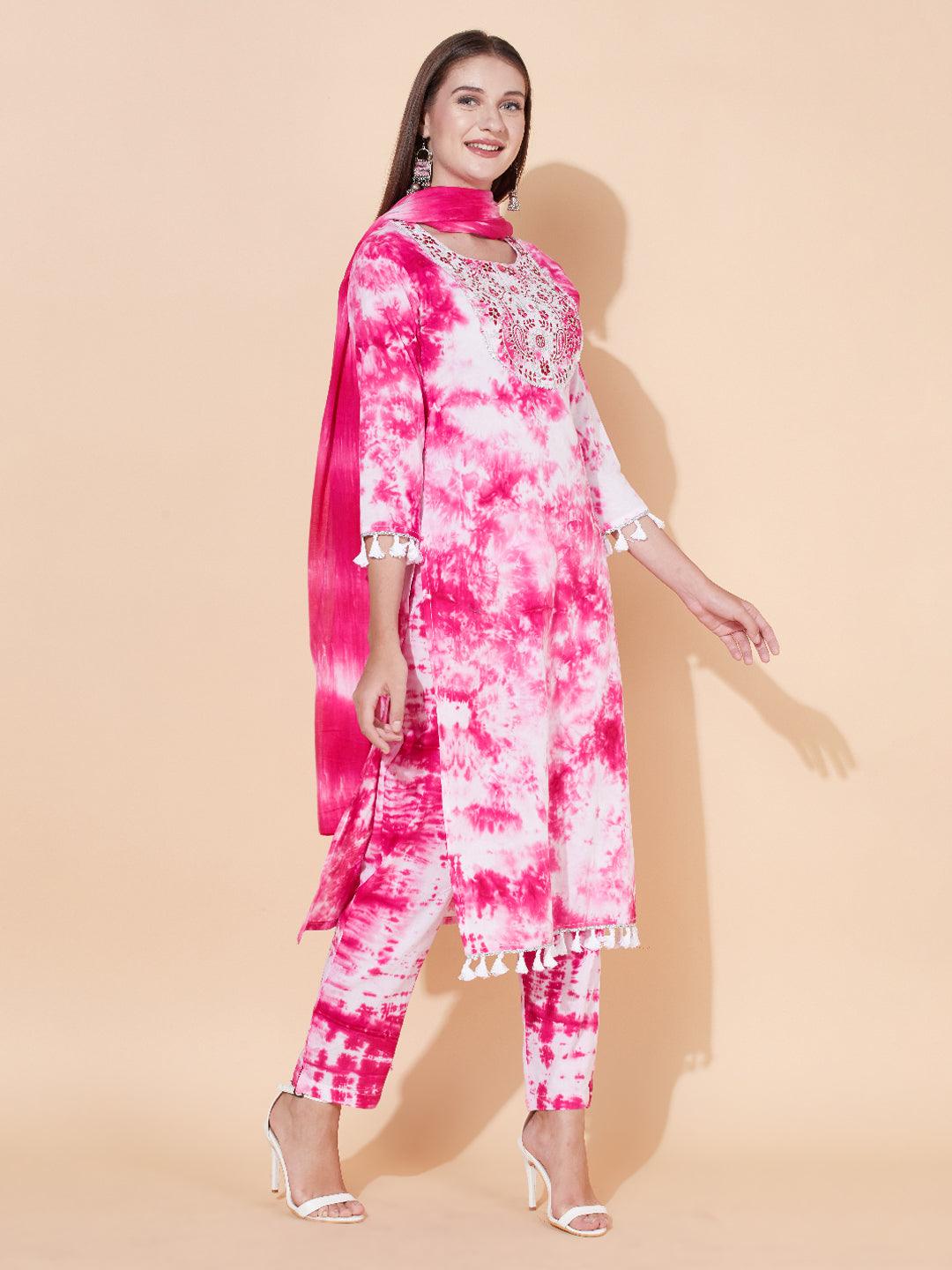 Tie-Dyed & Embroidered Kurta with Pants & Dupatta - Pink - Indiakreations