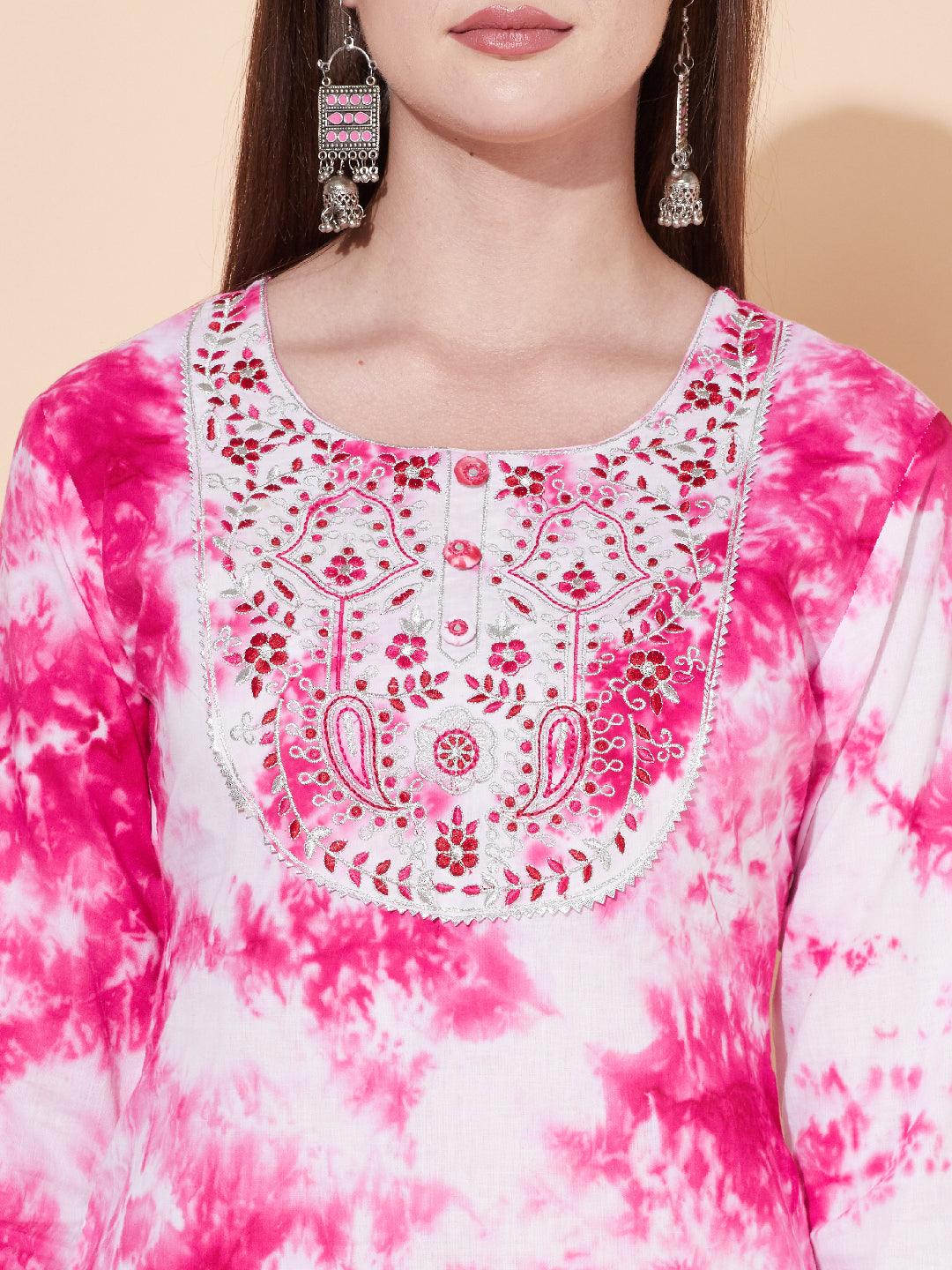 Tie-Dyed & Embroidered Kurta with Pants & Dupatta - Pink - Indiakreations