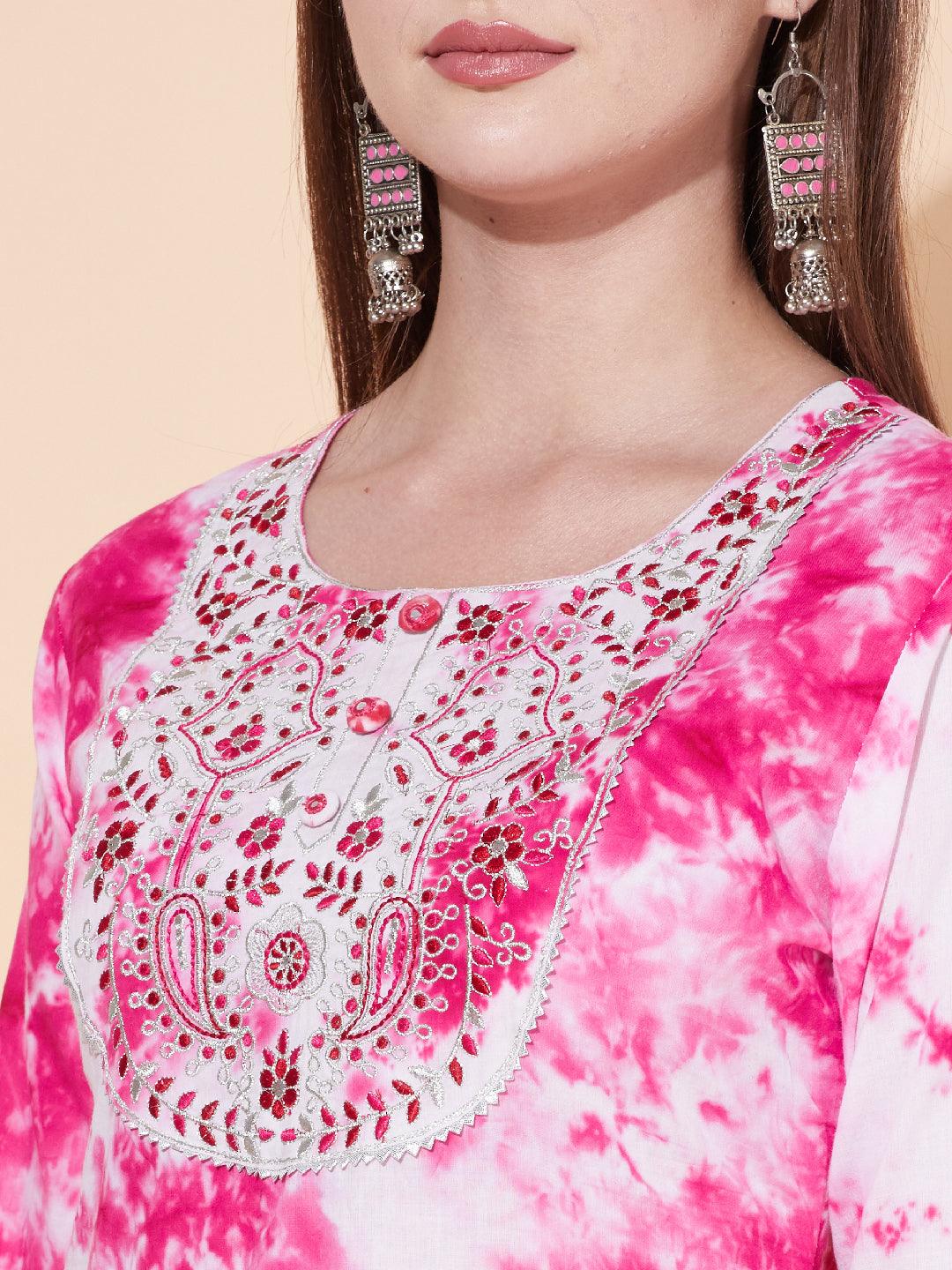 Tie-Dyed & Embroidered Kurta with Pants & Dupatta - Pink - Indiakreations