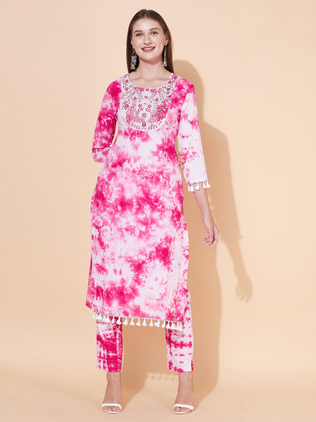 Tie-Dyed & Embroidered Kurta with Pants & Dupatta - Pink - Indiakreations