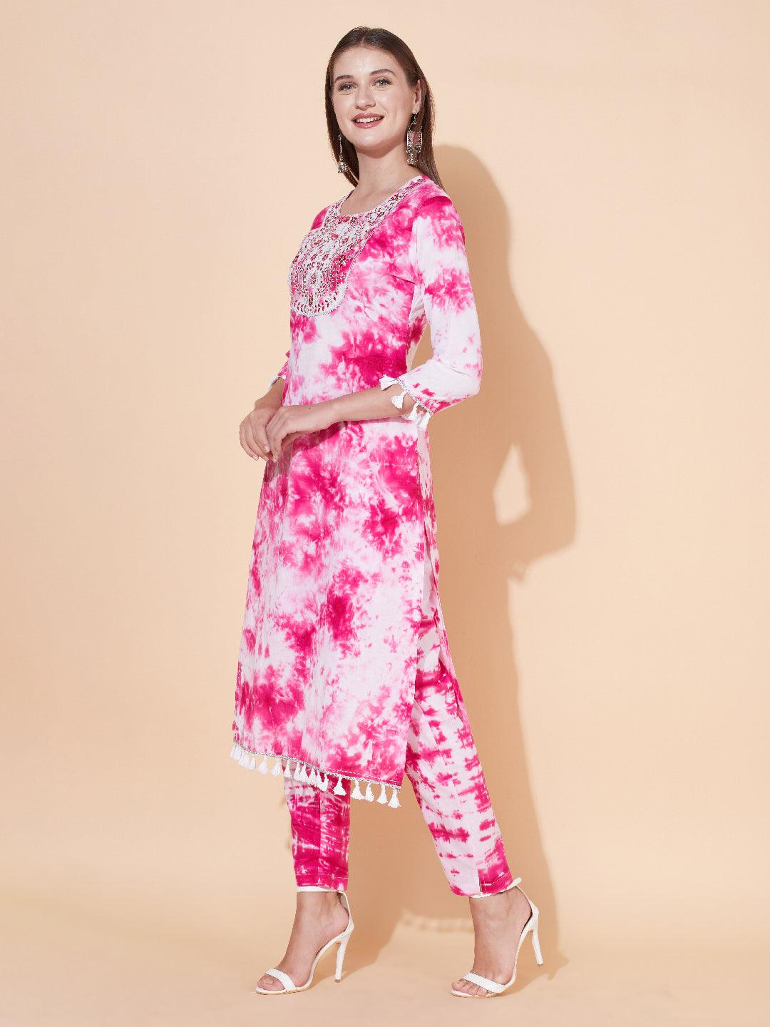 Tie-Dyed & Embroidered Kurta with Pants & Dupatta - Pink - Indiakreations