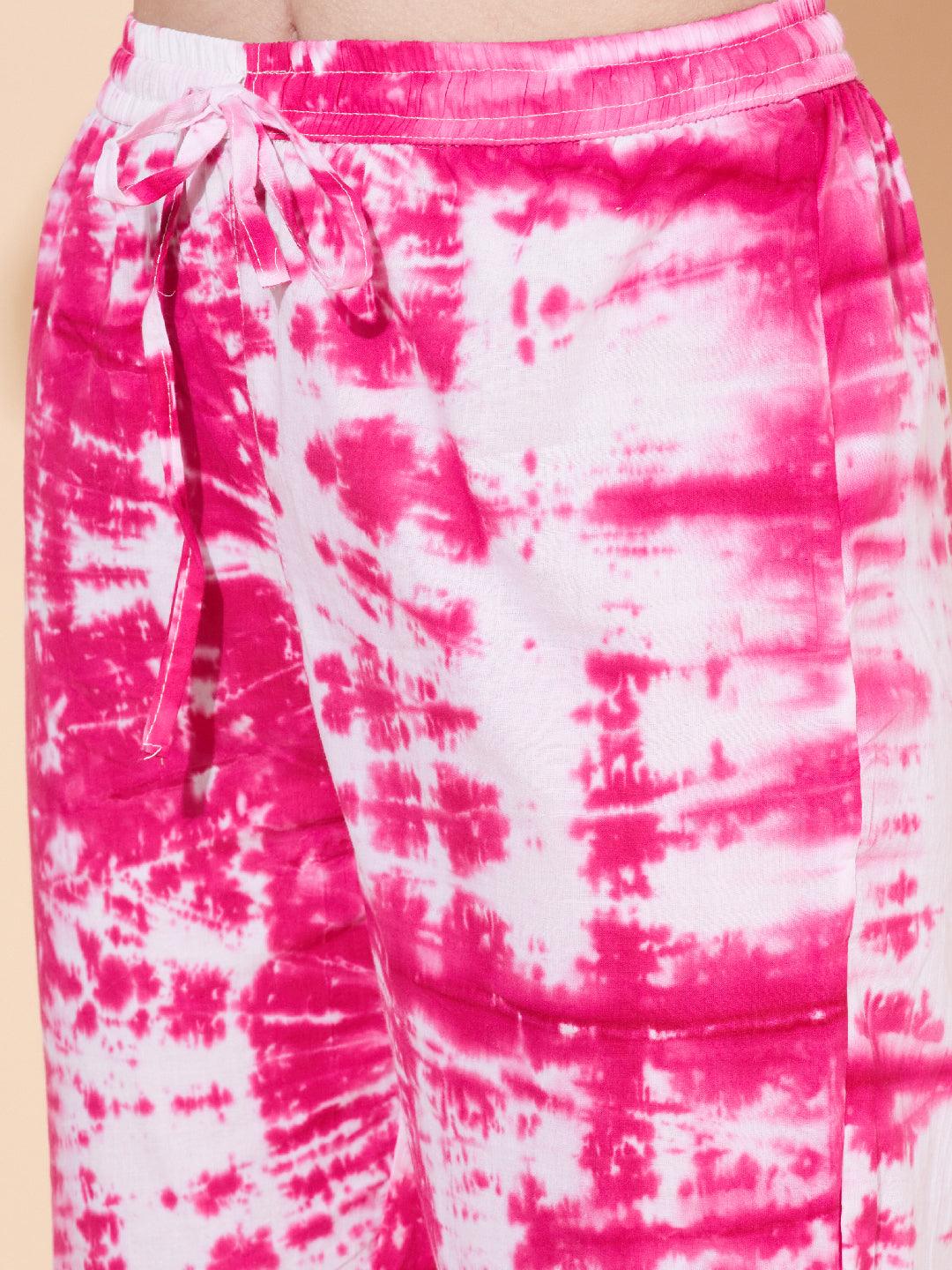 Tie-Dyed & Embroidered Kurta with Pants & Dupatta - Pink - Indiakreations