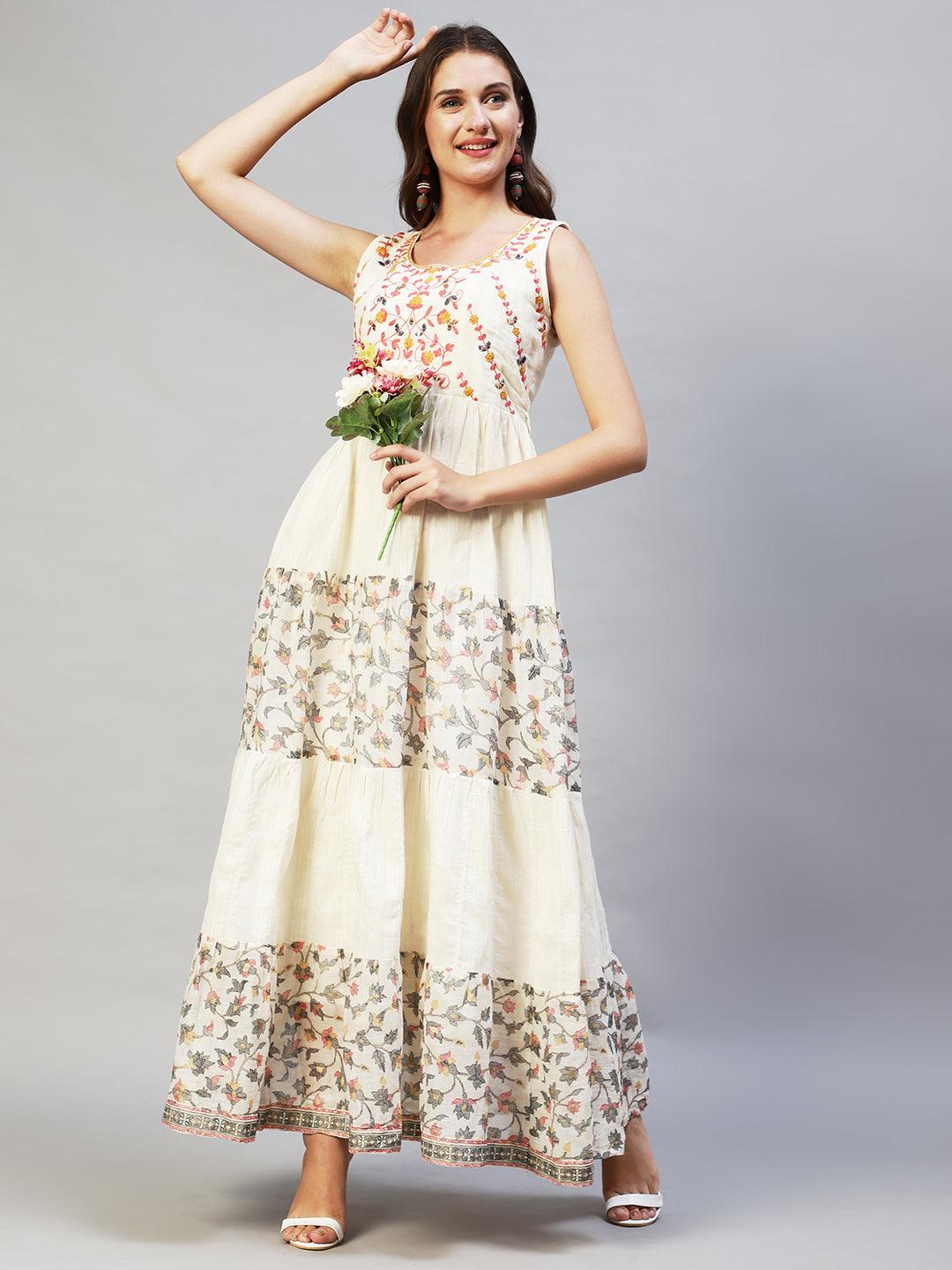 Ethnic Printed & Embroidered Tiered Flared Maxi Dress - Off White - Indiakreations