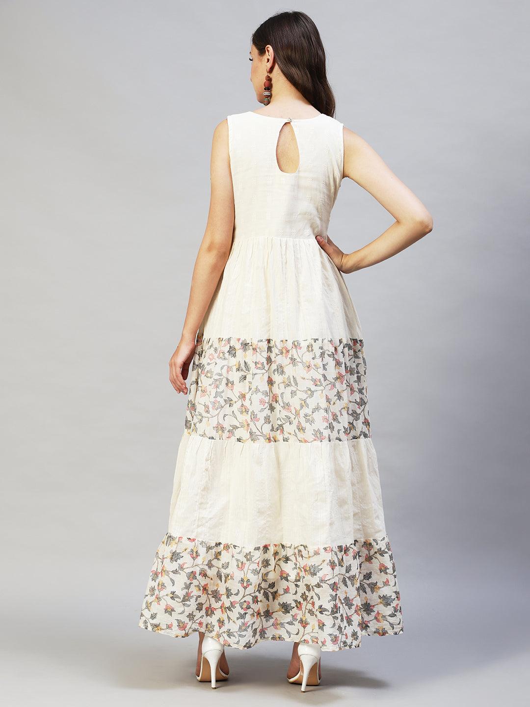 Ethnic Printed & Embroidered Tiered Flared Maxi Dress - Off White - Indiakreations