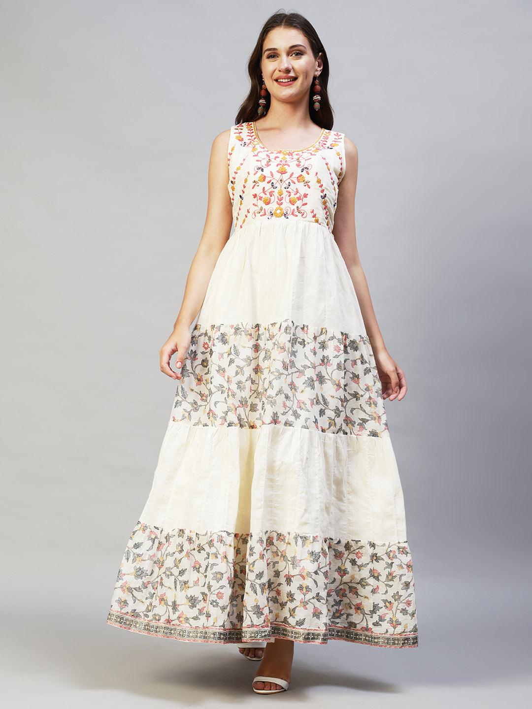 Ethnic Printed & Embroidered Tiered Flared Maxi Dress - Off White - Indiakreations