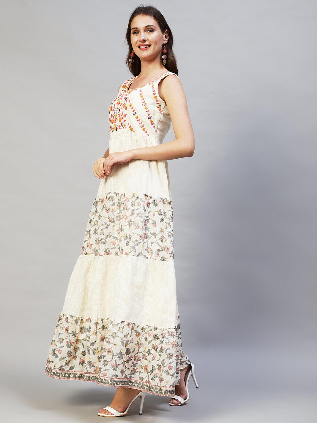 Ethnic Printed & Embroidered Tiered Flared Maxi Dress - Off White - Indiakreations