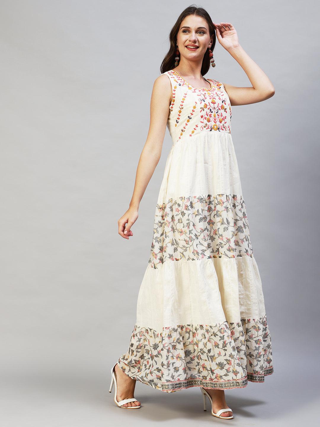 Ethnic Printed & Embroidered Tiered Flared Maxi Dress - Off White - Indiakreations