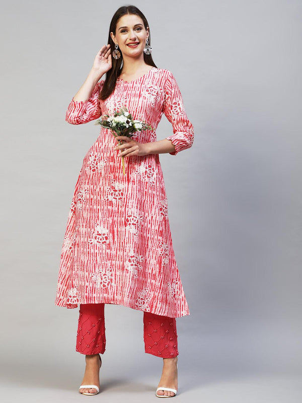 Tie-Dye & Floral Printed A-Line Flare Kurta - Pink - Indiakreations