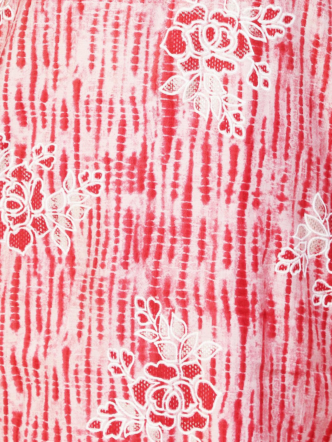 Tie-Dye & Floral Printed A-Line Flare Kurta - Pink - Indiakreations