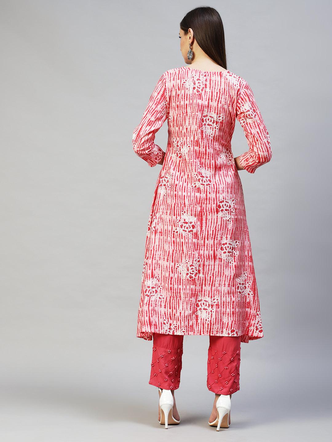 Tie-Dye & Floral Printed A-Line Flare Kurta - Pink - Indiakreations