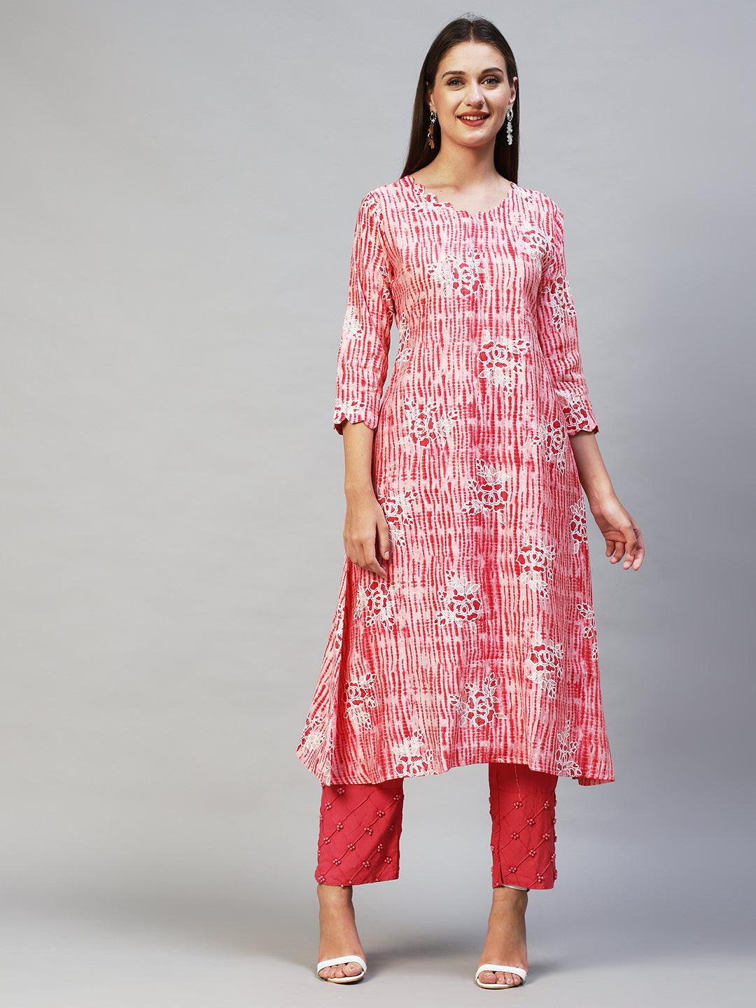 Tie-Dye & Floral Printed A-Line Flare Kurta - Pink - Indiakreations