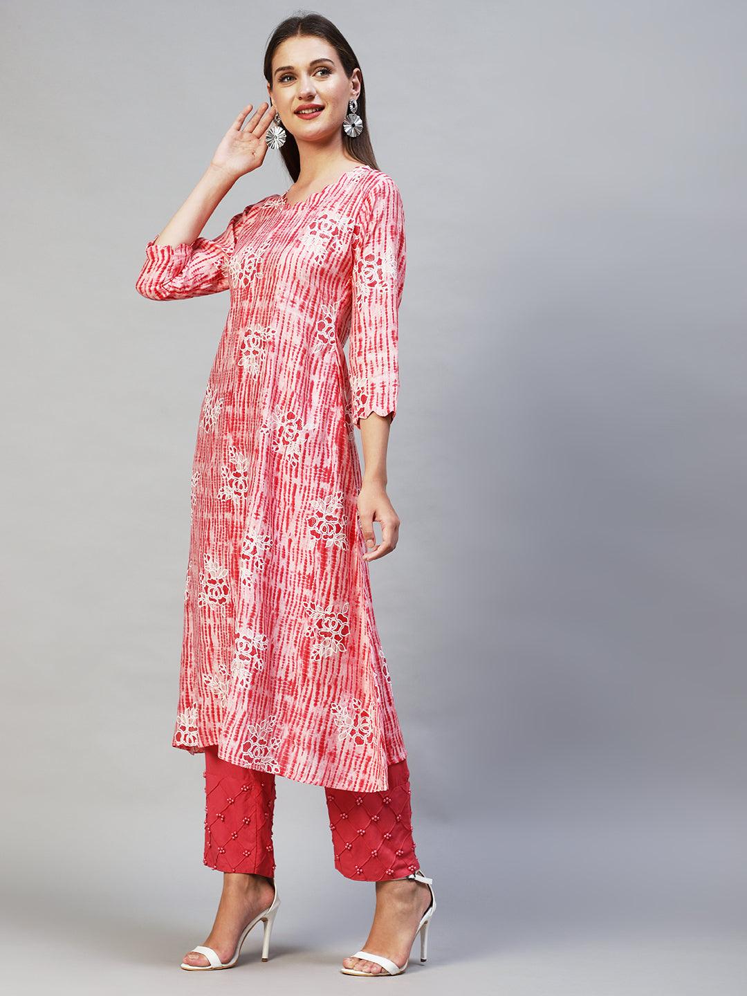 Tie-Dye & Floral Printed A-Line Flare Kurta - Pink - Indiakreations