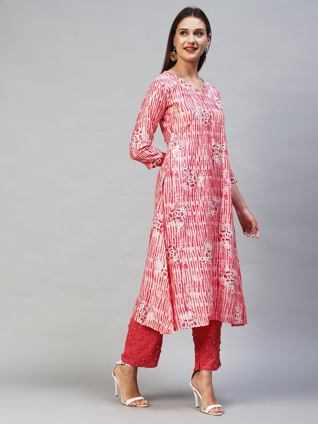 Tie-Dye & Floral Printed A-Line Flare Kurta - Pink - Indiakreations