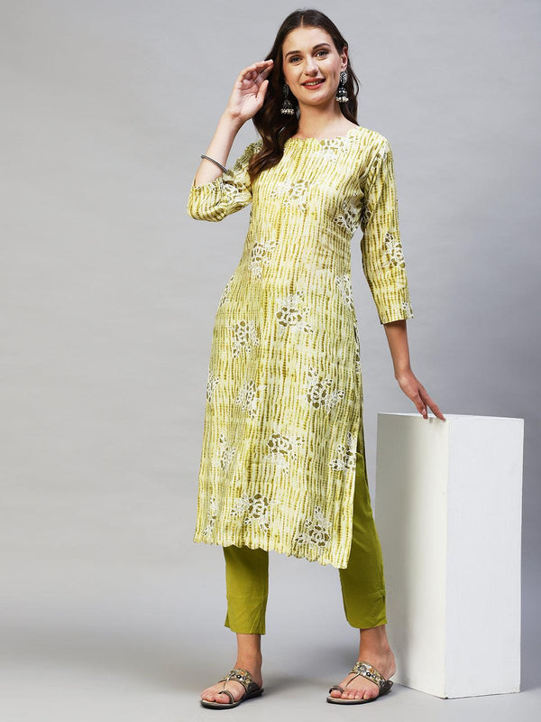 Tie-Dye & Floral Printed A-Line Flare Kurta - Light Green - Indiakreations