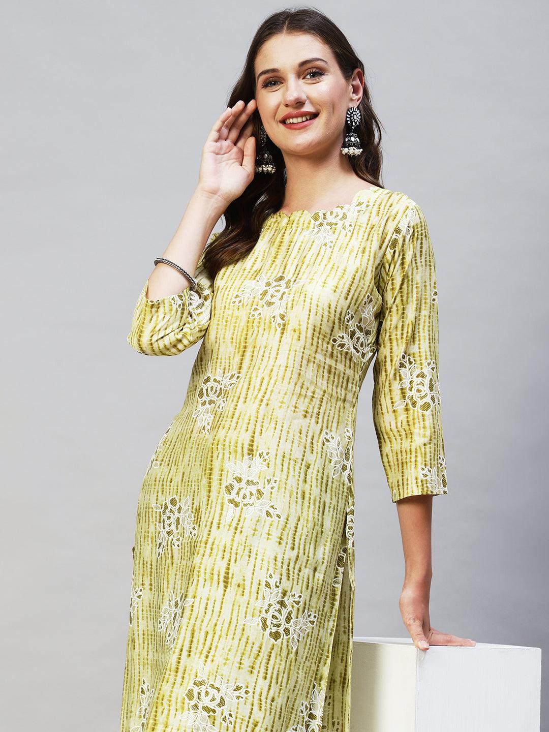 Tie-Dye & Floral Printed A-Line Flare Kurta - Light Green - Indiakreations