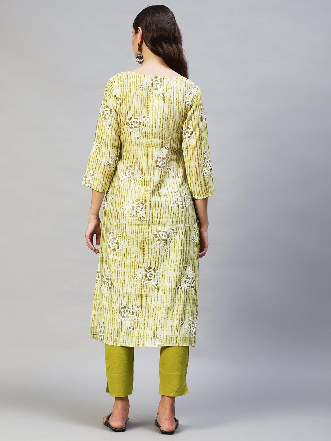 Tie-Dye & Floral Printed A-Line Flare Kurta - Light Green - Indiakreations