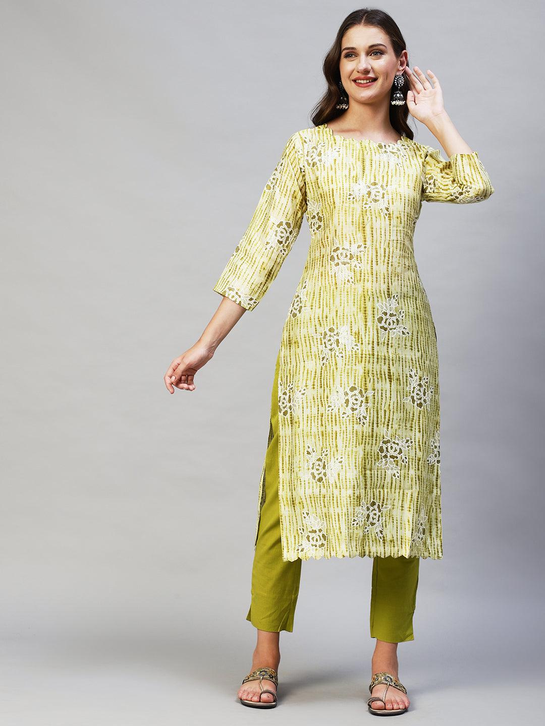 Tie-Dye & Floral Printed A-Line Flare Kurta - Light Green - Indiakreations