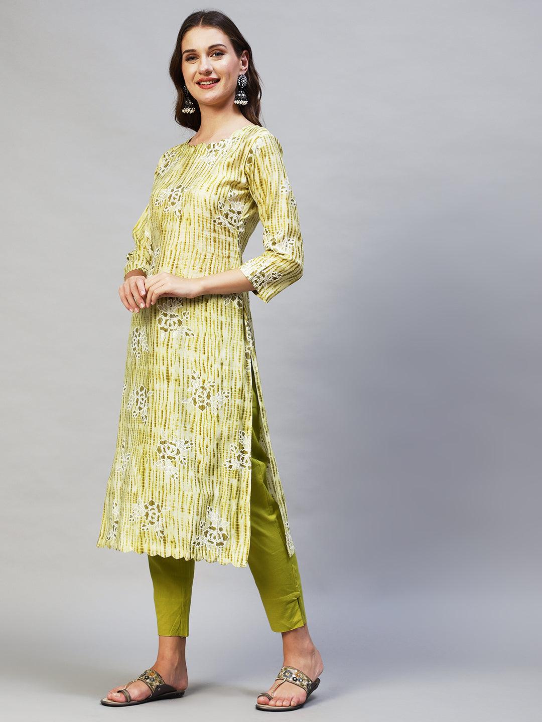 Tie-Dye & Floral Printed A-Line Flare Kurta - Light Green - Indiakreations