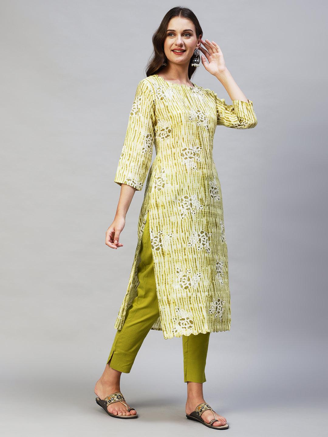 Tie-Dye & Floral Printed A-Line Flare Kurta - Light Green - Indiakreations