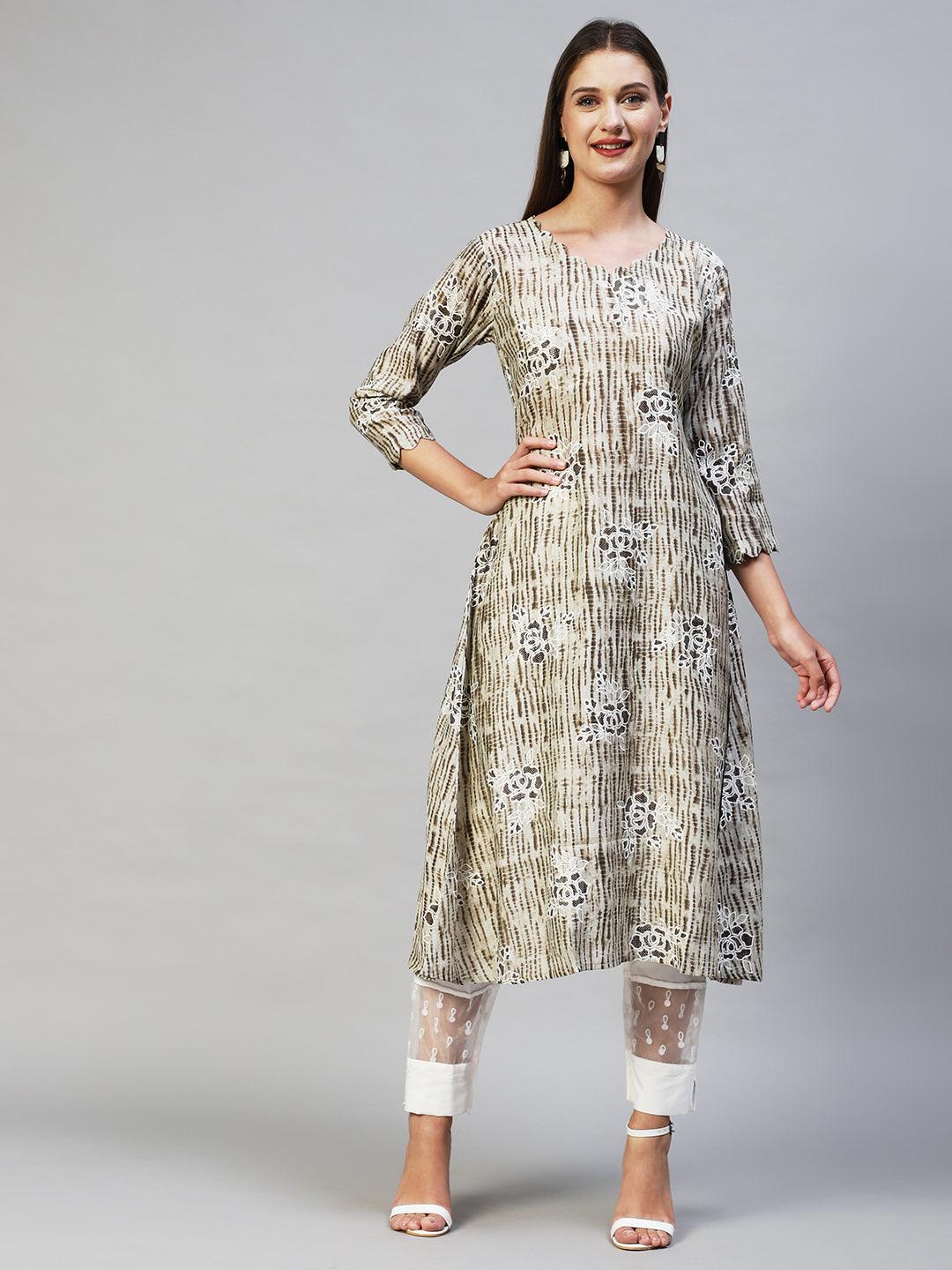 Tie-Dye & Floral Printed A-Line Flare Kurta - Mouse Gray - Indiakreations