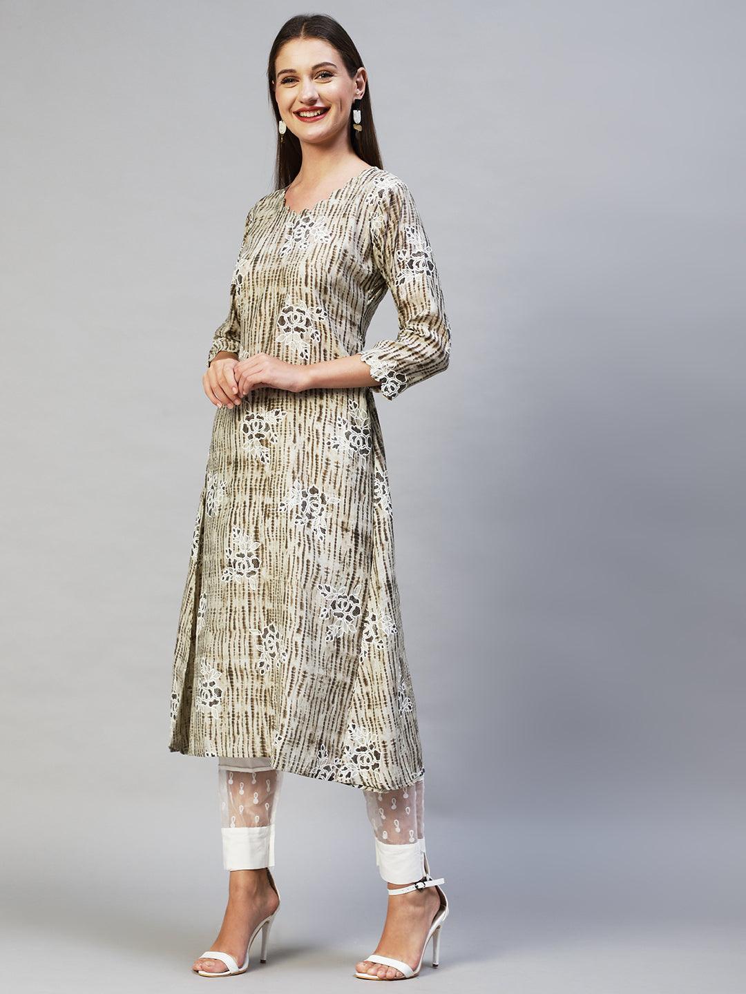 Tie-Dye & Floral Printed A-Line Flare Kurta - Mouse Gray - Indiakreations