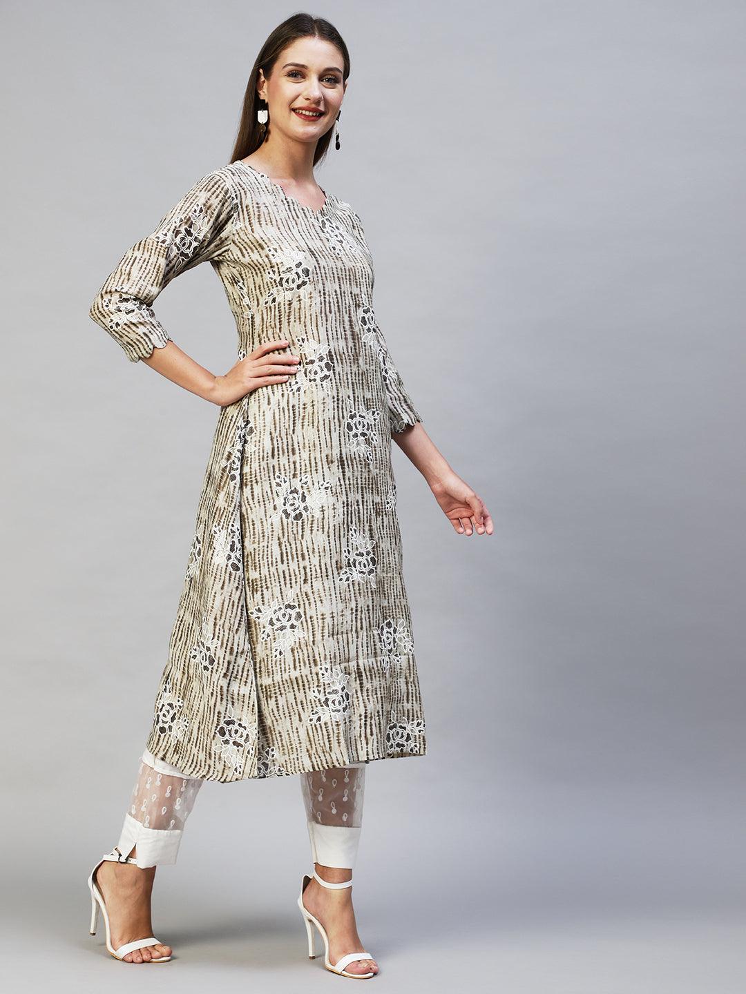 Tie-Dye & Floral Printed A-Line Flare Kurta - Mouse Gray - Indiakreations