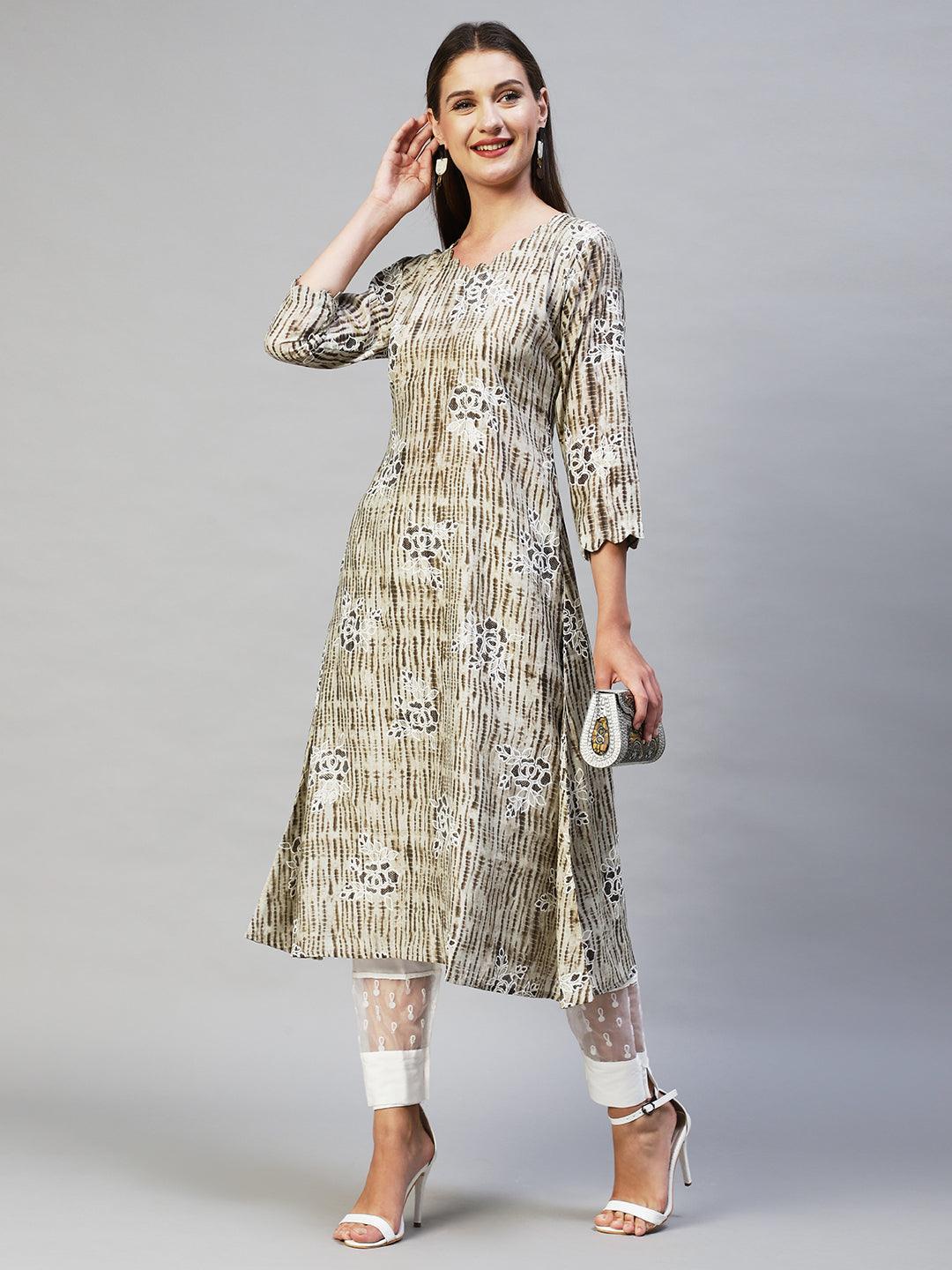 Tie-Dye & Floral Printed A-Line Flare Kurta - Mouse Gray - Indiakreations