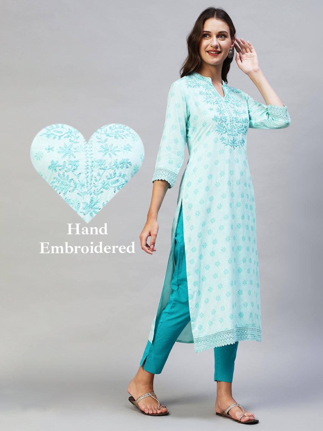 Ethnic Printed & Hand Embroidered Straight Fit Kurta - Aqua blue - Indiakreations