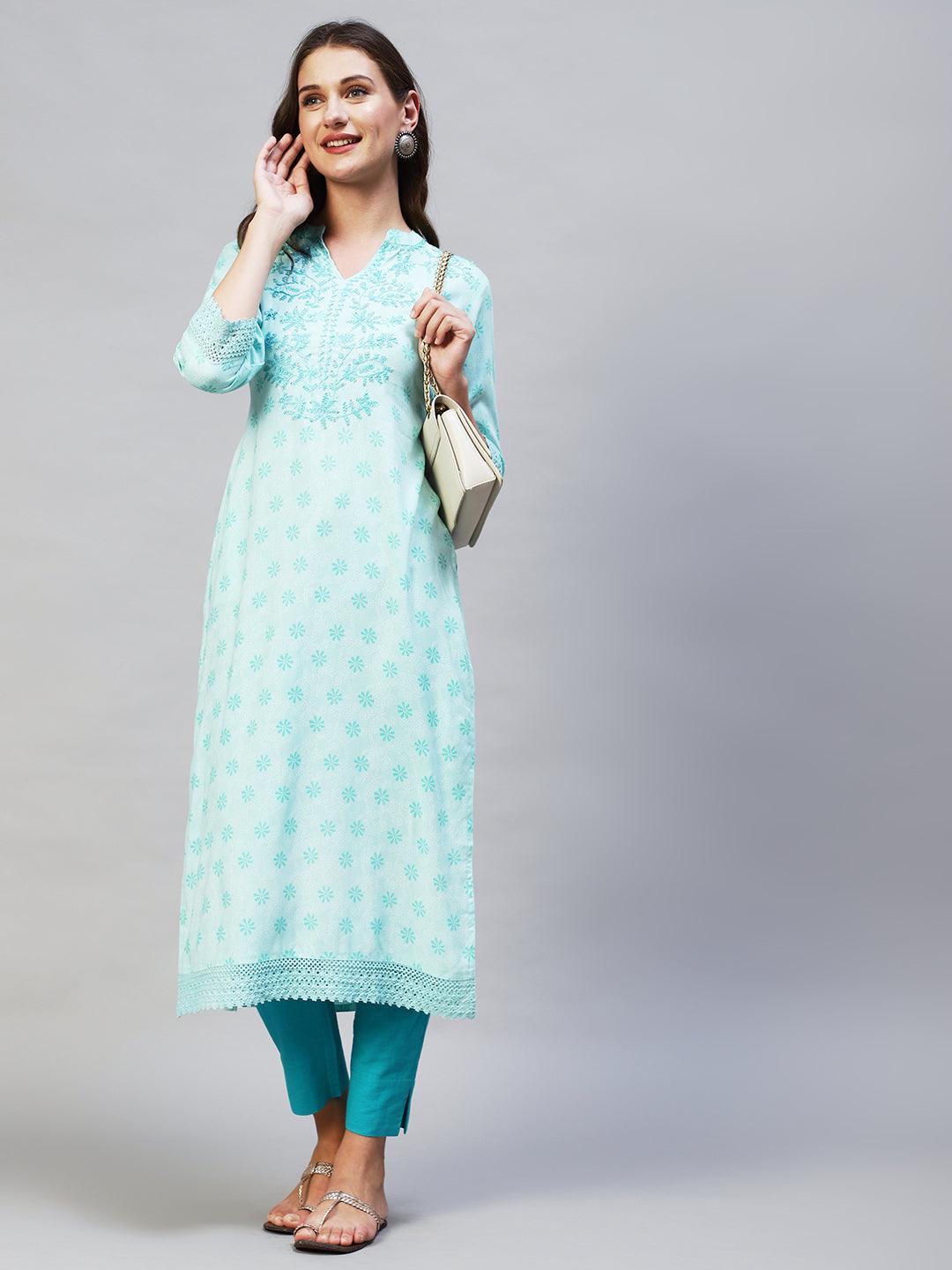 Ethnic Printed & Hand Embroidered Straight Fit Kurta - Aqua blue - Indiakreations