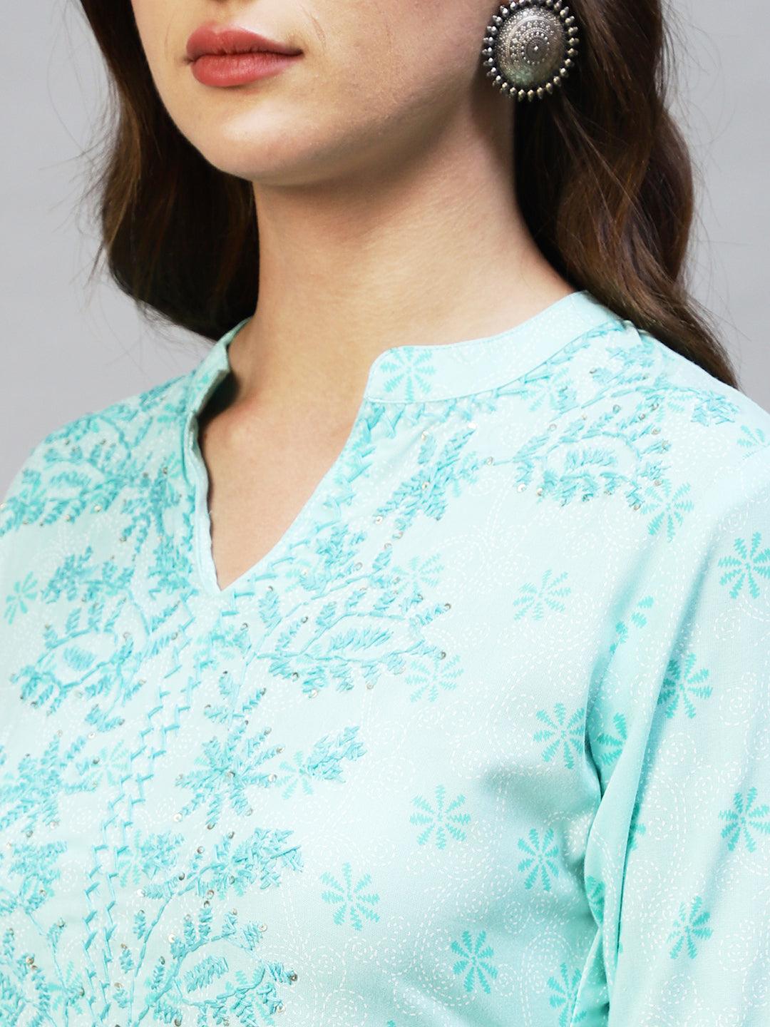 Ethnic Printed & Hand Embroidered Straight Fit Kurta - Aqua blue - Indiakreations